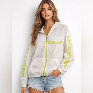 ✨ GUESS Y2K Neon Windbreaker Jacket | White Mesh Hooded | Size M ✨Retro
